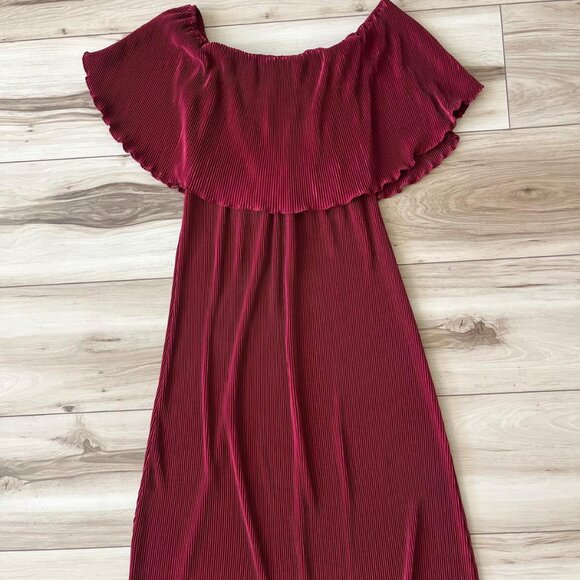 Pinkblush Holiday Burgundy Pleated Ruffle Off Shoulder Maternity Maxi Dress - Picture 3 of 8
